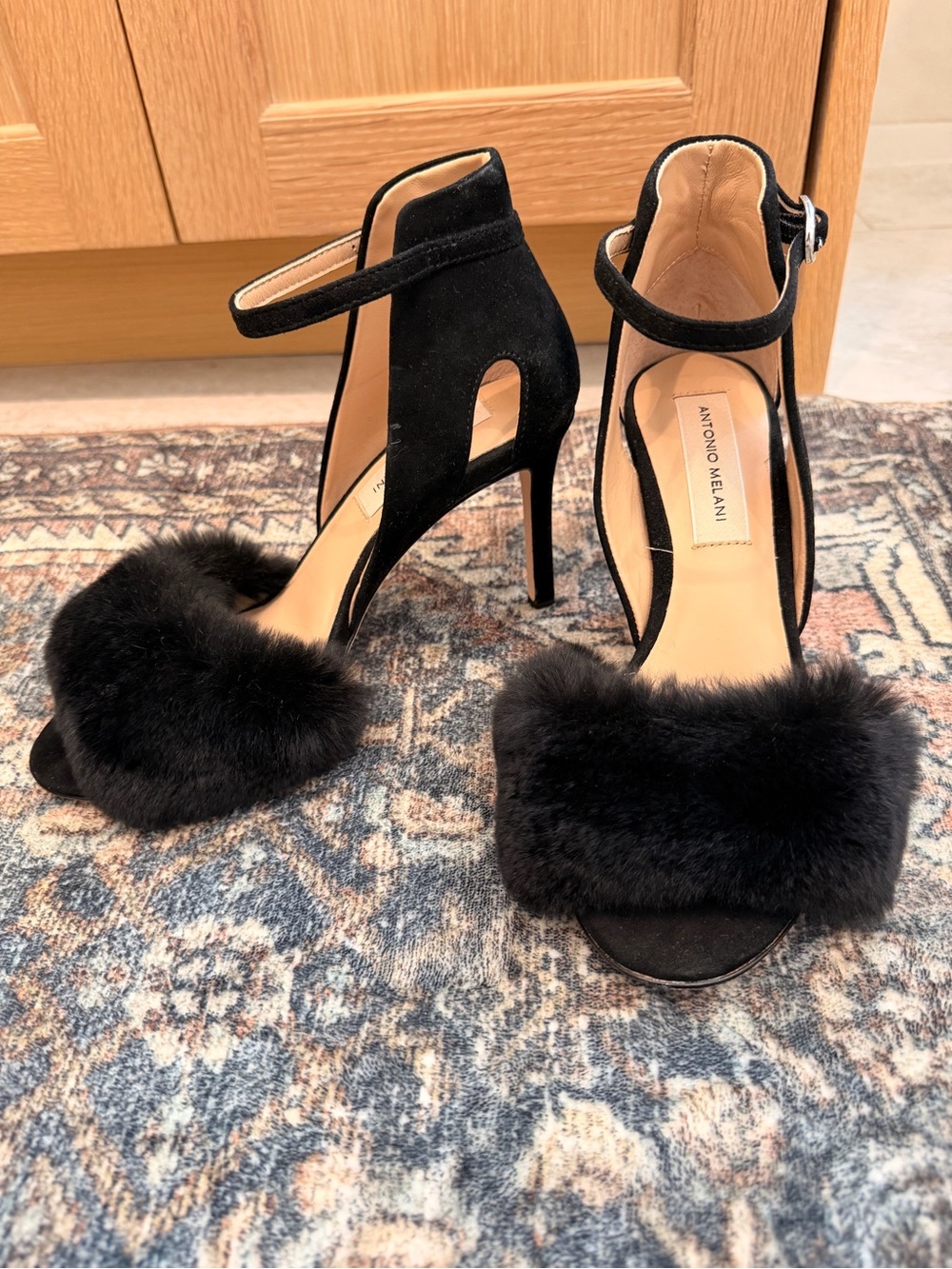 ANTONIO MELANI Black Suede Fur-Trim Ankle Strap High Heels
